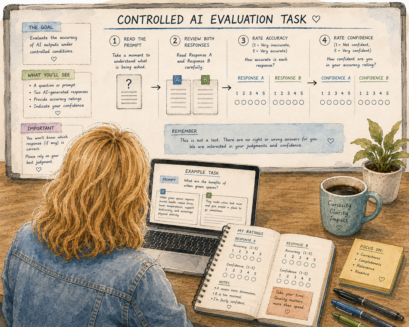 Illustrated controlled AI evaluation task.
