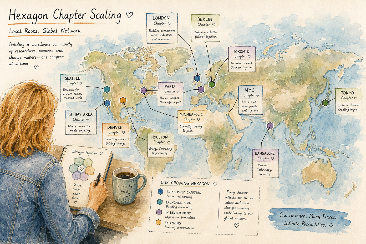 Illustrated map showing the Hexagon Mentorship Program scaling across cities.