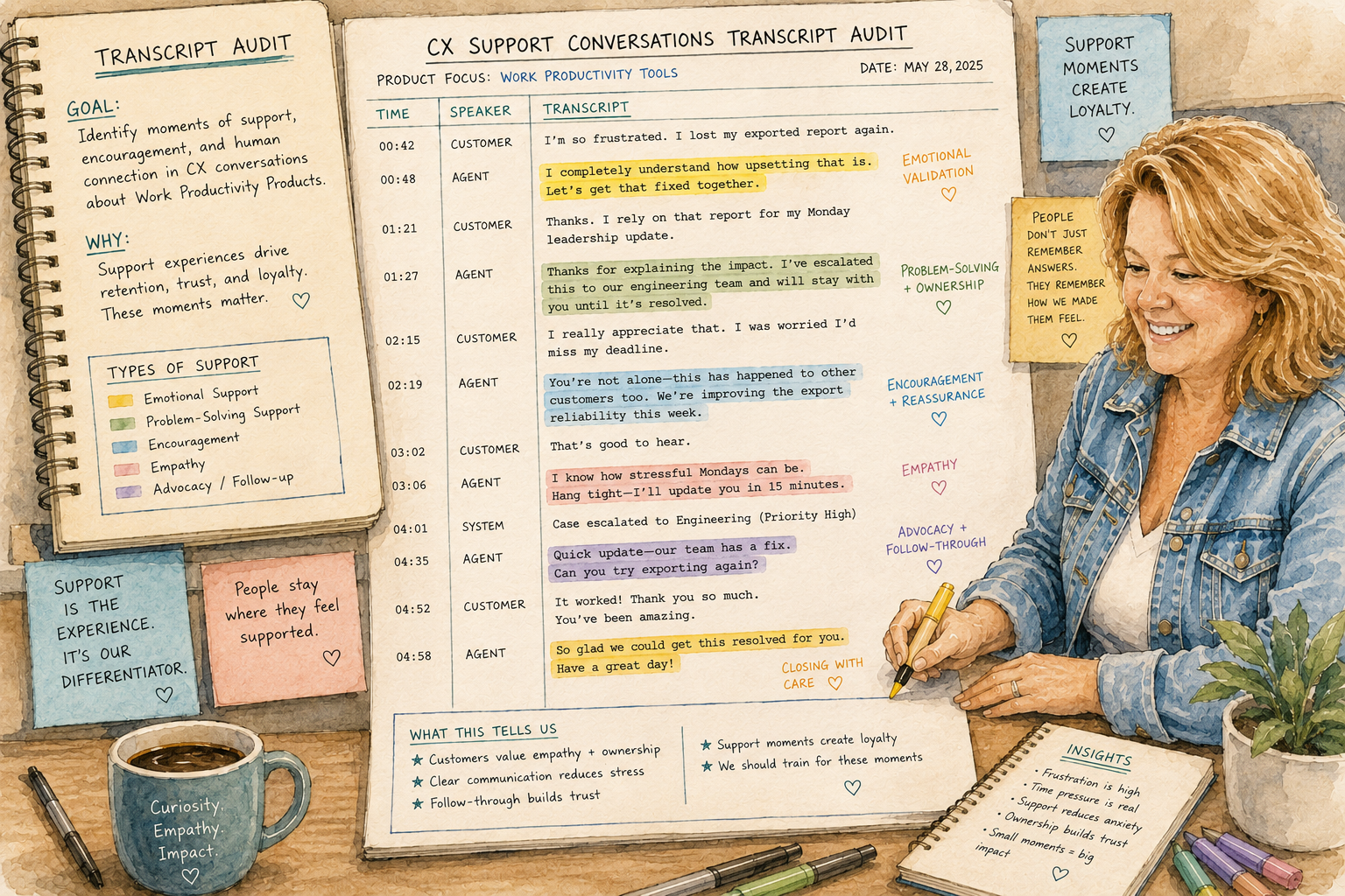 Illustrated transcript audit with highlighted support conversations.