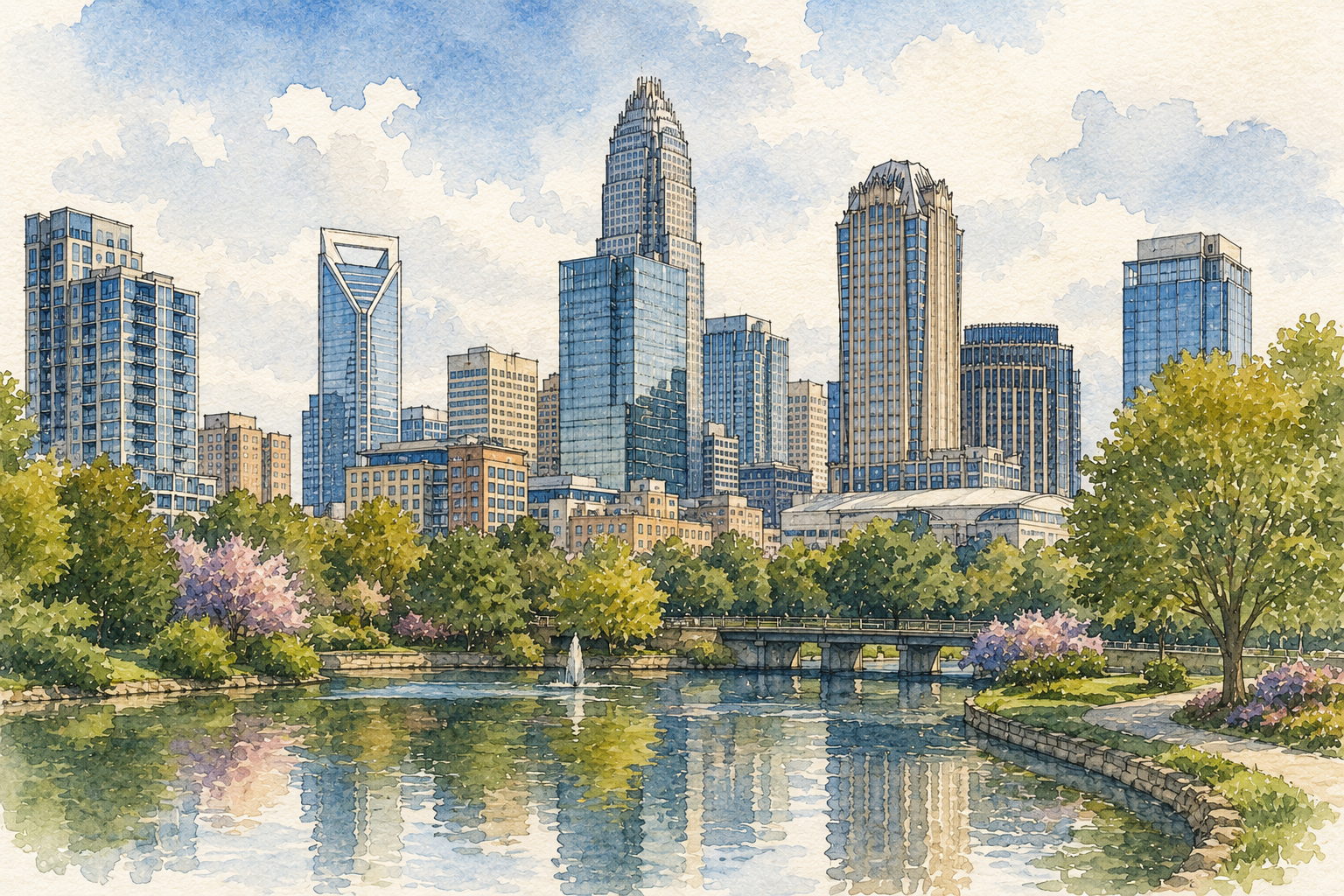 Editorial watercolor illustration of the Charlotte skyline.