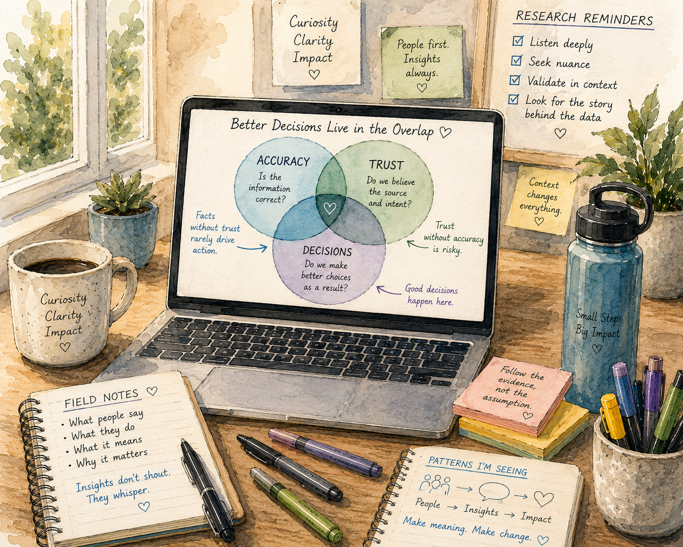 Watercolor workspace with laptop, notebook, and overlapping circles labeled accuracy, trust, and decisions.