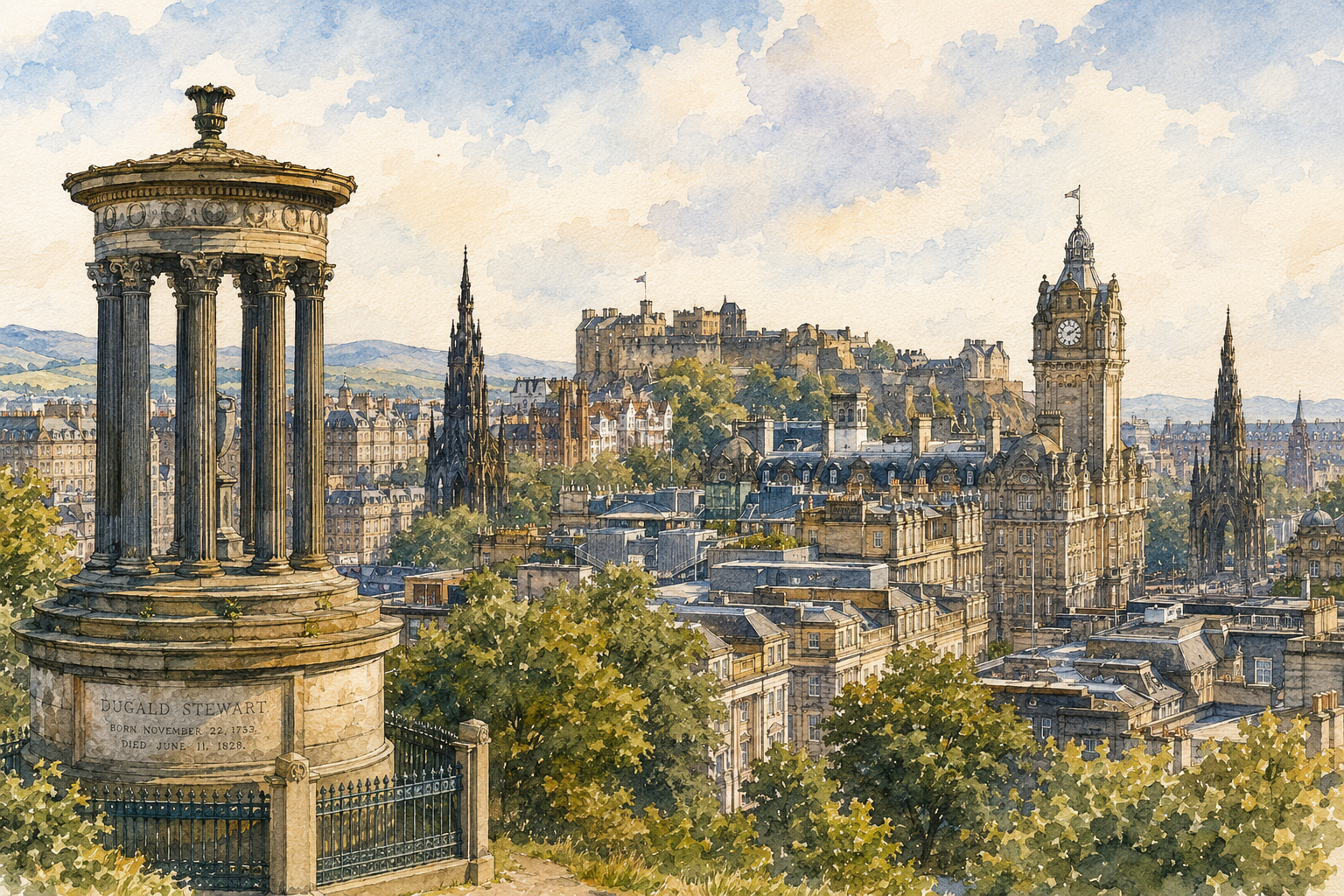 Watercolor illustration of the Edinburgh skyline.