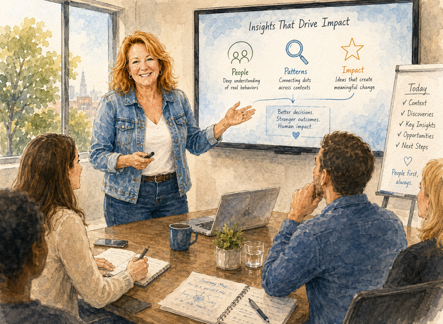 Watercolor illustration of Mhaire presenting research evidence and opportunities to a leadership team.