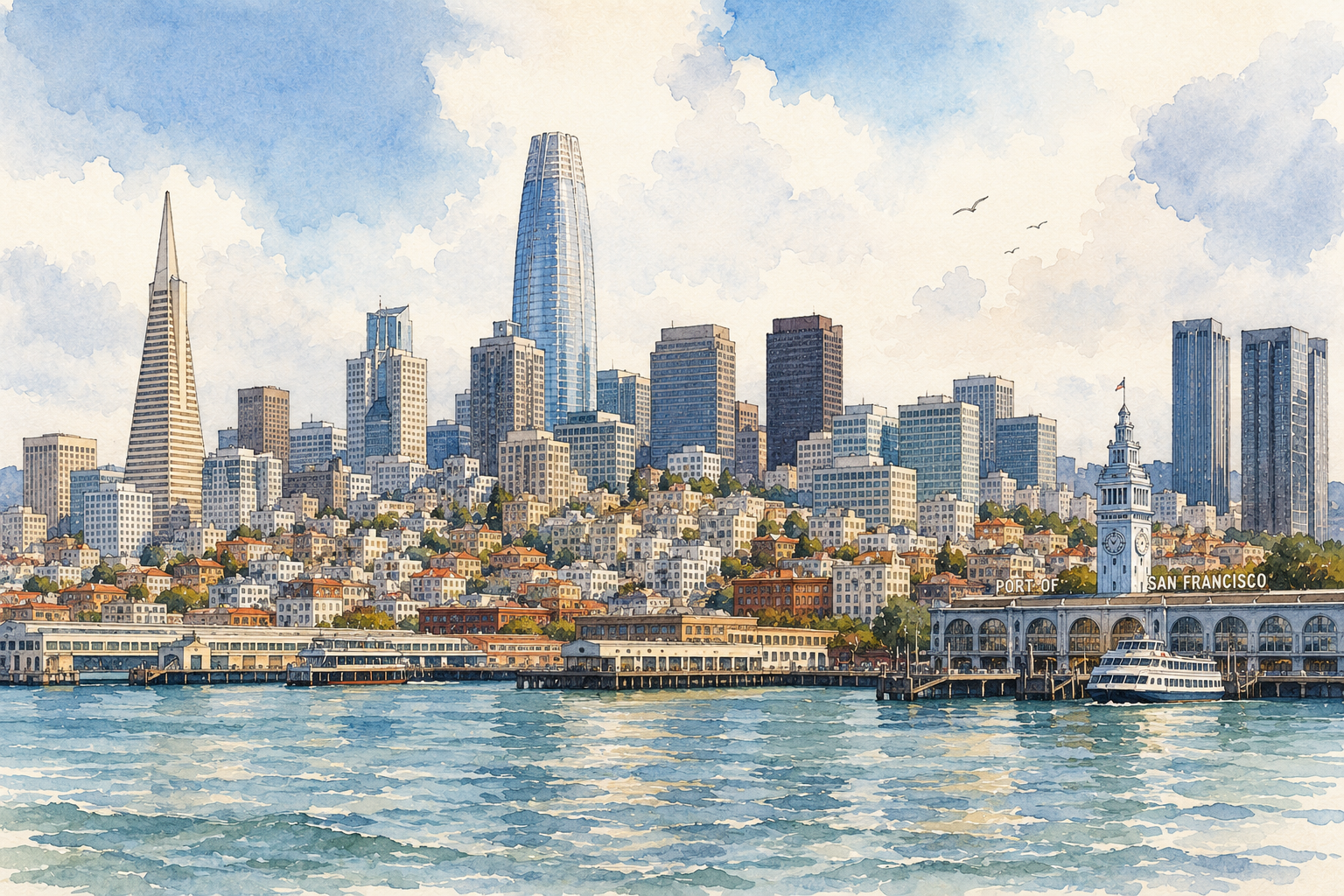 Watercolor view of the San Francisco skyline and waterfront.