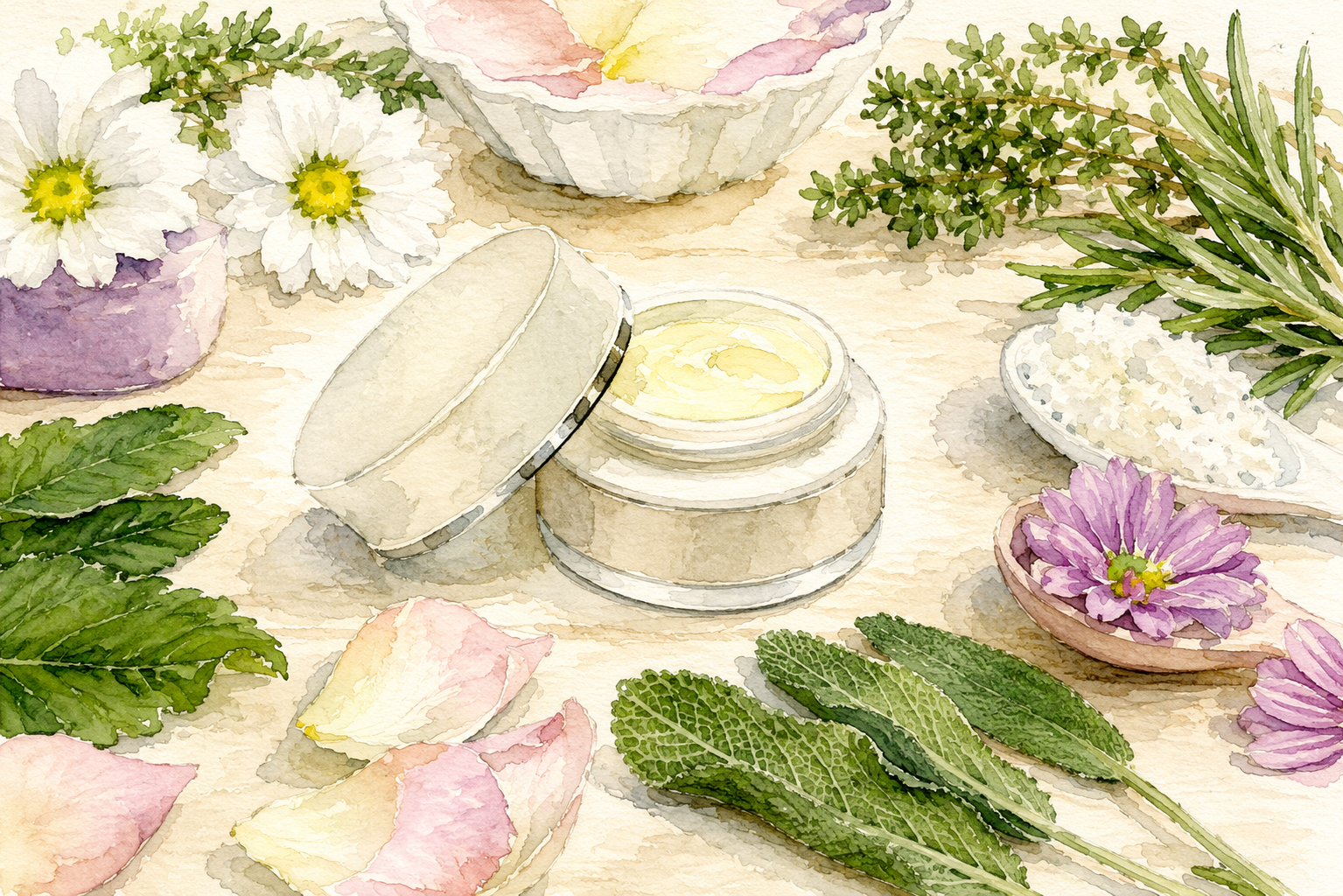 Watercolor illustration of botanical skincare ingredients.