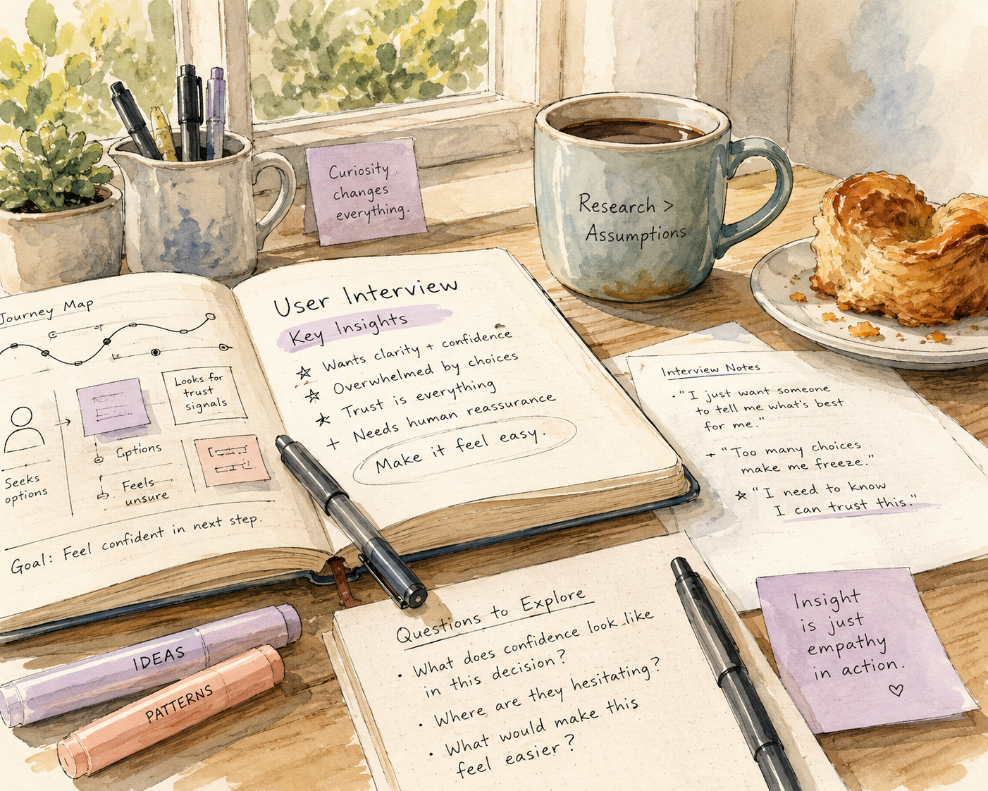 Watercolor illustration of a notebook with chatbot flows, speech bubbles, and support response tiers.