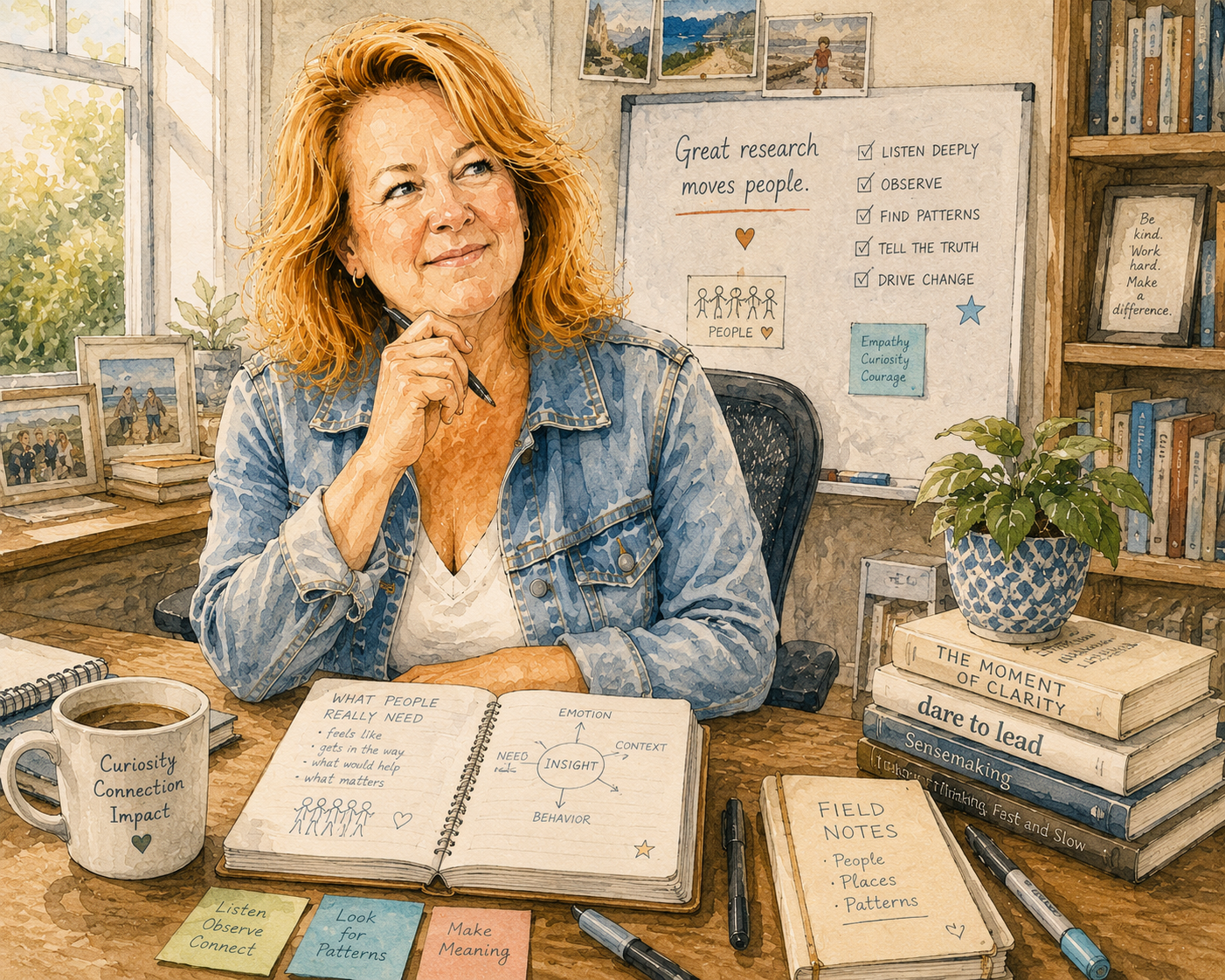 Watercolor illustration of Mhaire working thoughtfully in her home office.