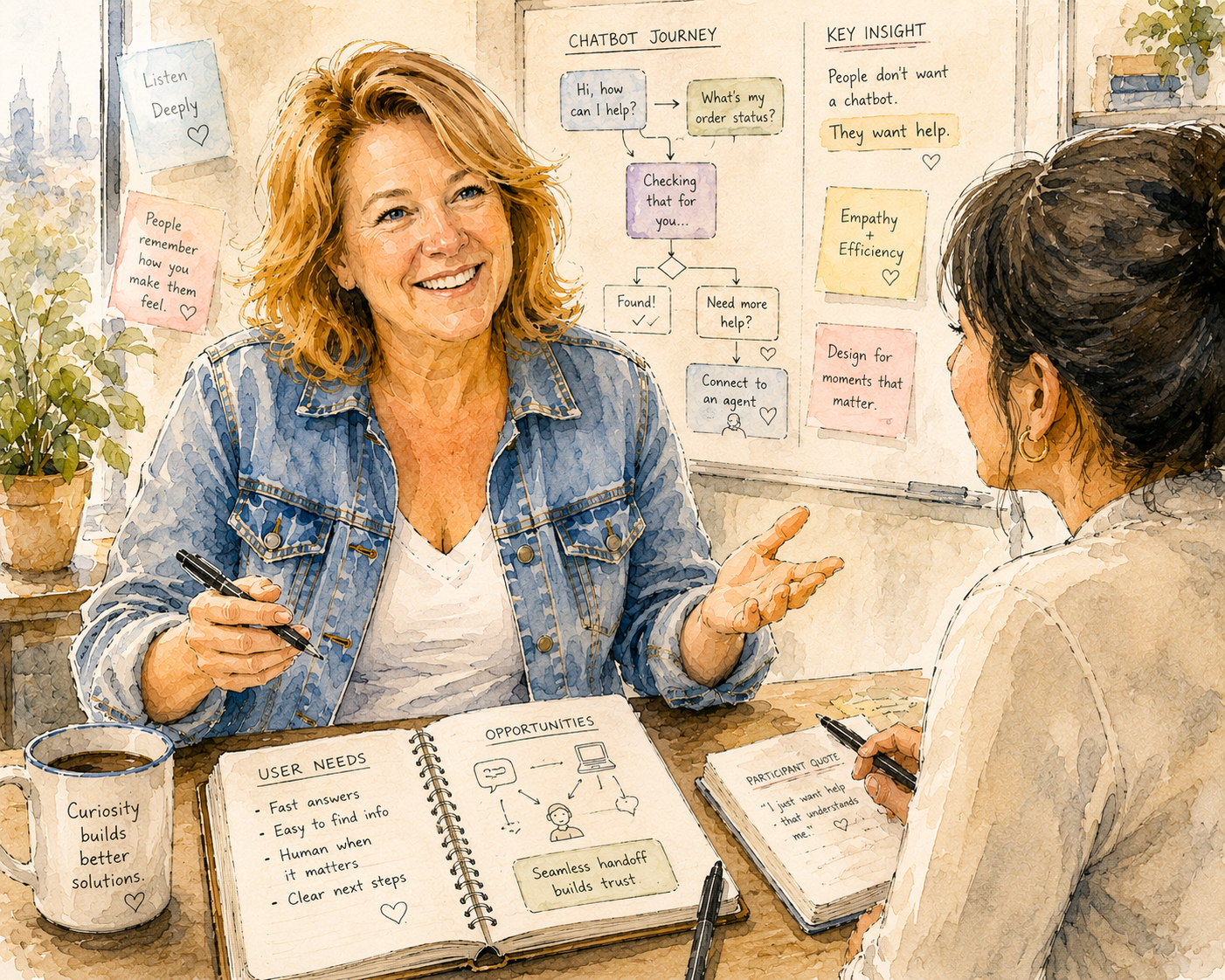 Watercolor illustration of Mhaire seated at her desk, talking to someone in front of her.