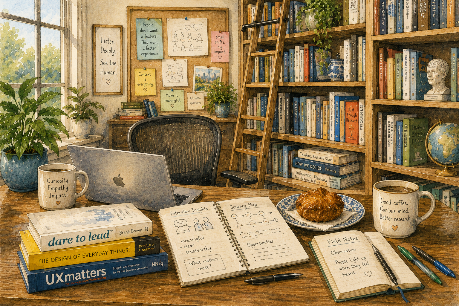 Watercolor illustration of a research library and working desk.