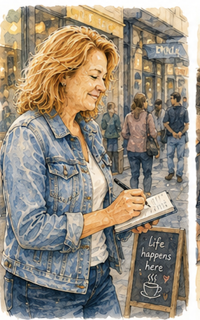 Watercolor illustration of Mhaire observing and taking field notes.