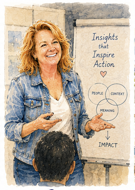 Watercolor illustration of Mhaire presenting research.