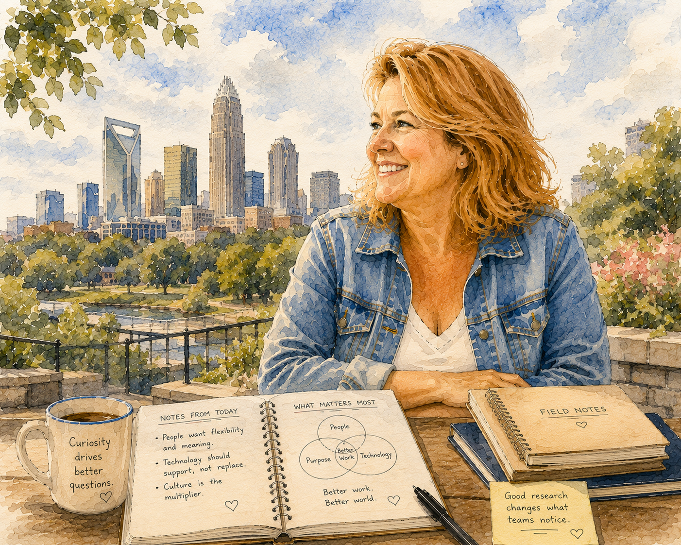 Watercolor illustration of Mhaire reflecting on research in Charlotte.