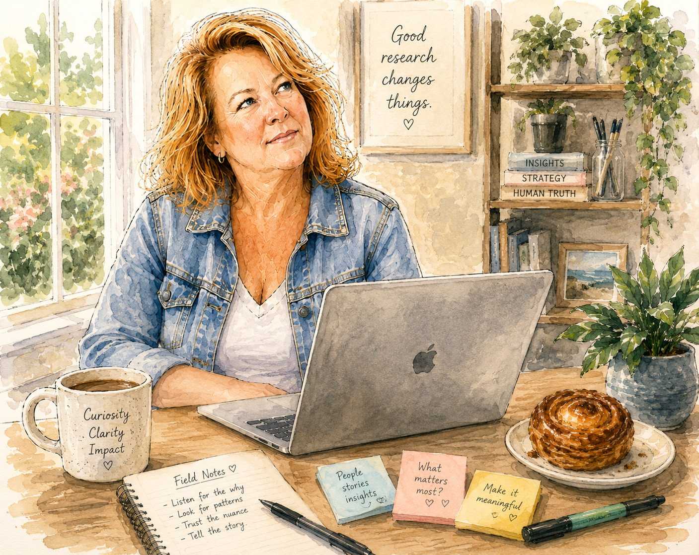 Watercolor illustration of Mhaire reflecting over coffee.