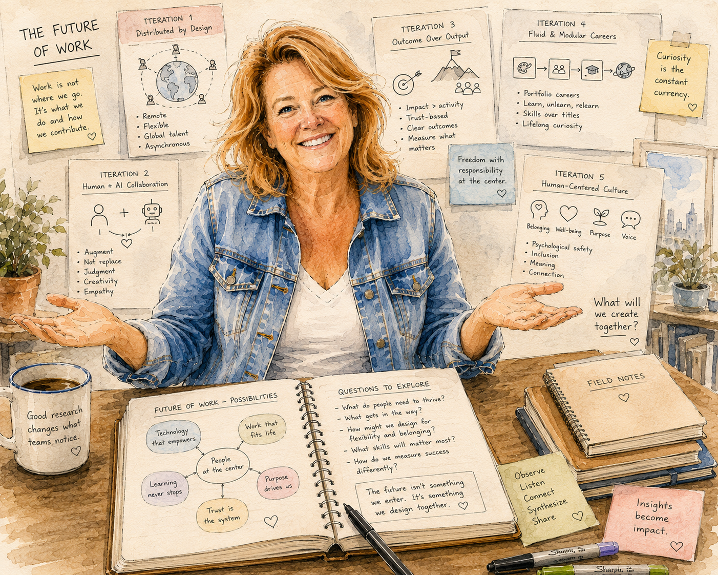 Watercolor illustration of Mhaire shrugging while the Future of Work Case Study is still being prepared.