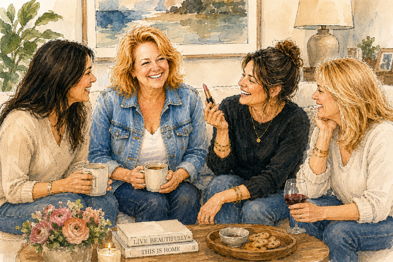Illustration of a researcher observing a skincare home party.