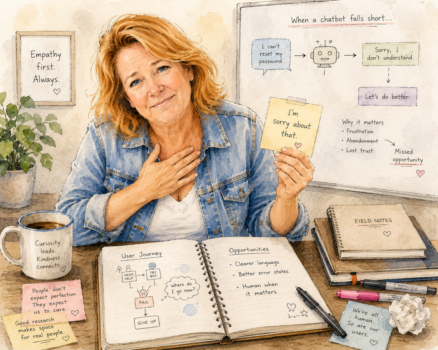 Watercolor illustration of Mhaire offering an apologetic expression while the portfolio build is still in progress.