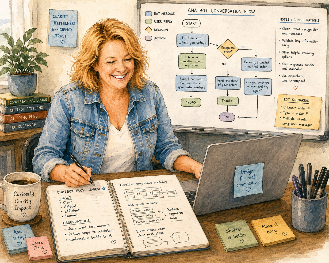 Illustration of Mhaire reviewing chatbot conversation flows with a laptop and field notes.