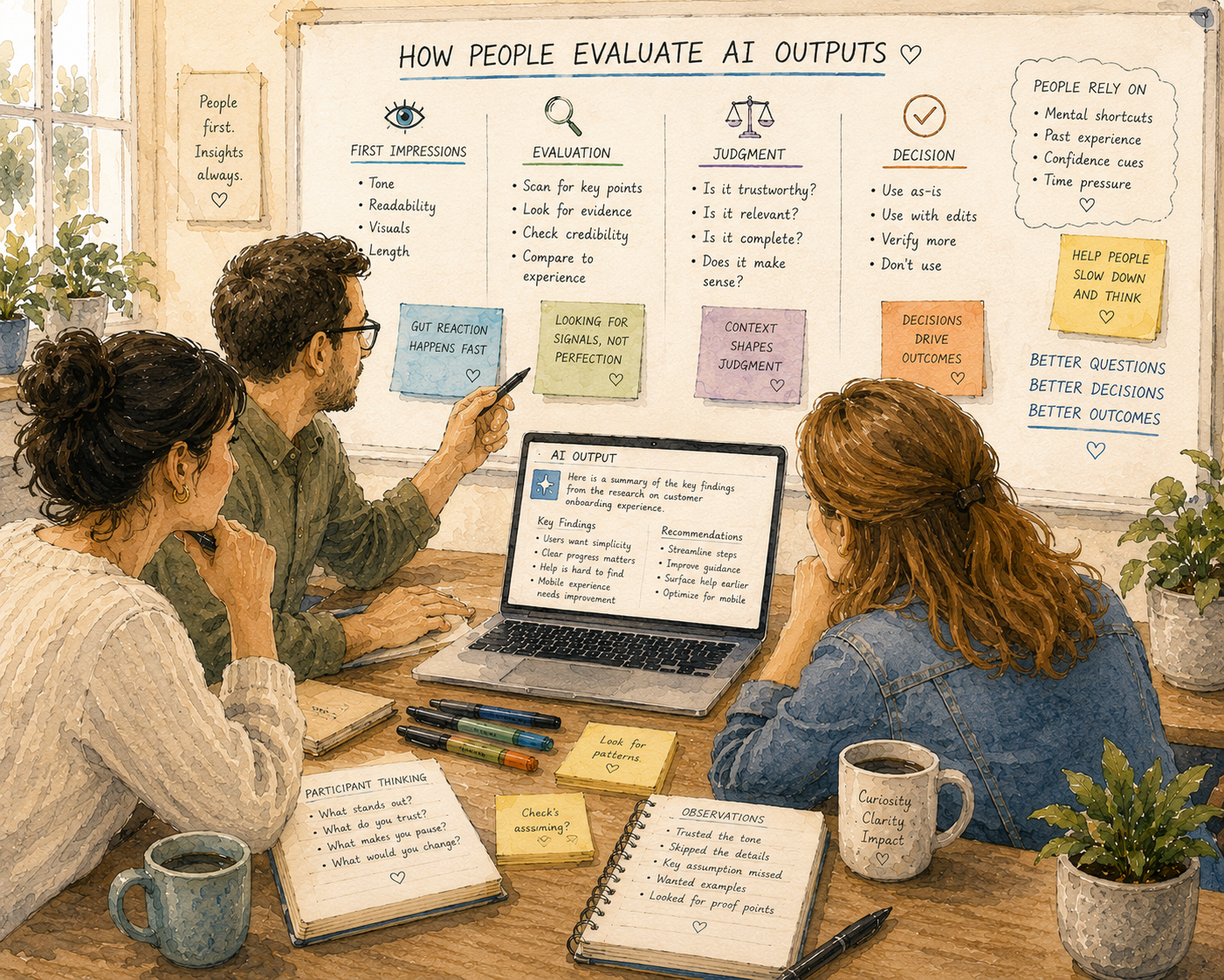 Illustration of a researcher observing how people evaluate AI outputs.
