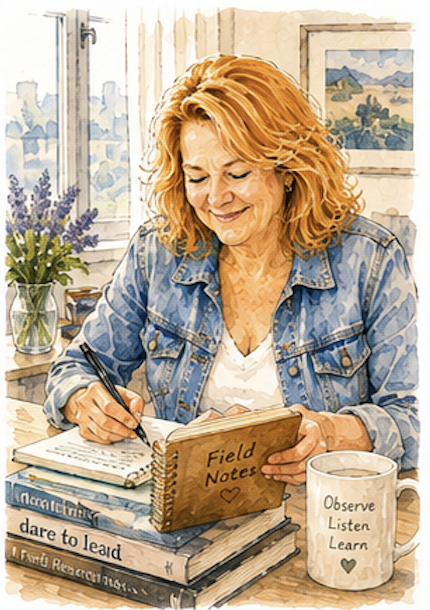 Watercolor illustration of Mhaire reflecting with a laptop, notebook, coffee, and overlapping circles.