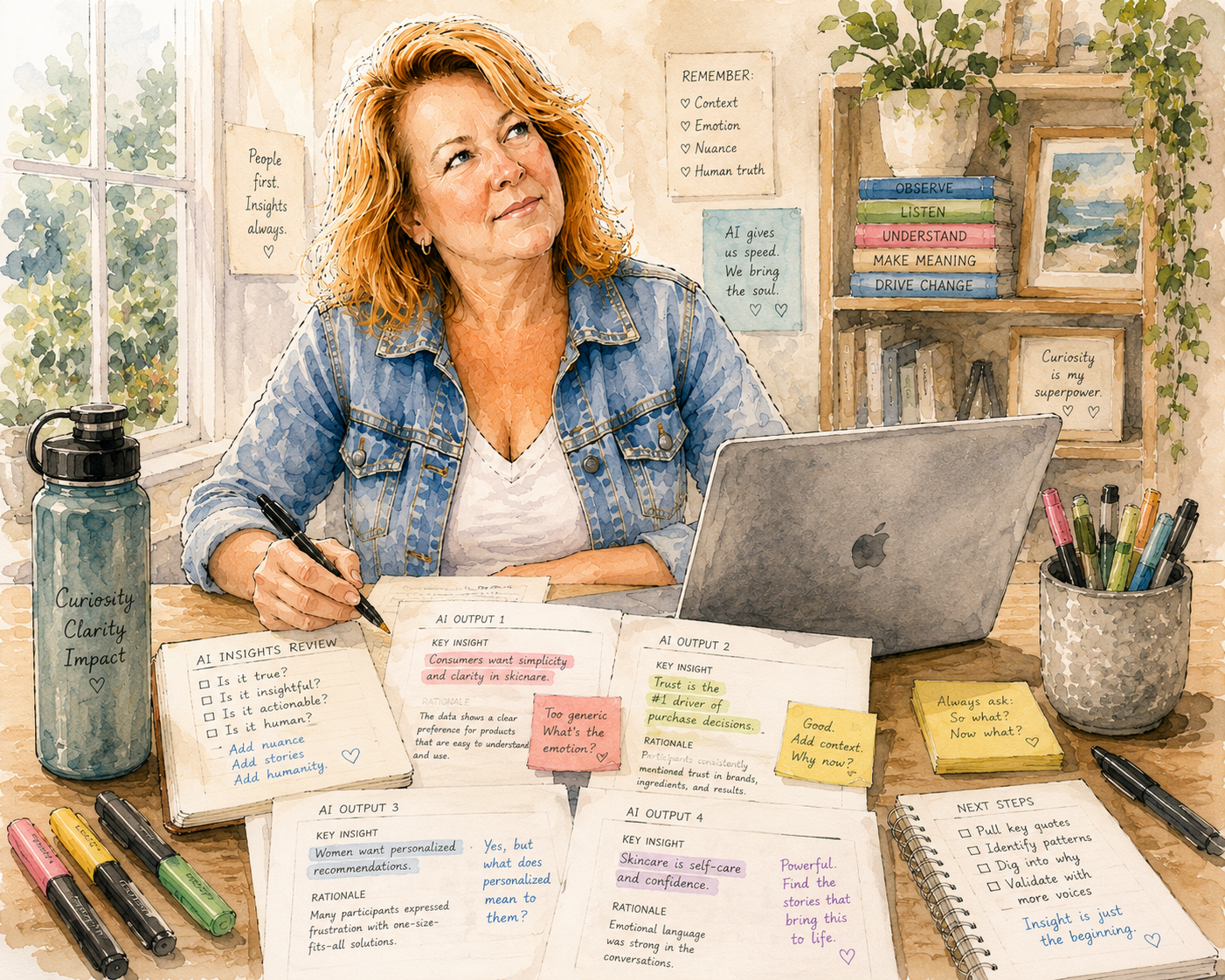 Illustration of Mhaire reviewing AI outputs with notes, highlighter, and coffee.