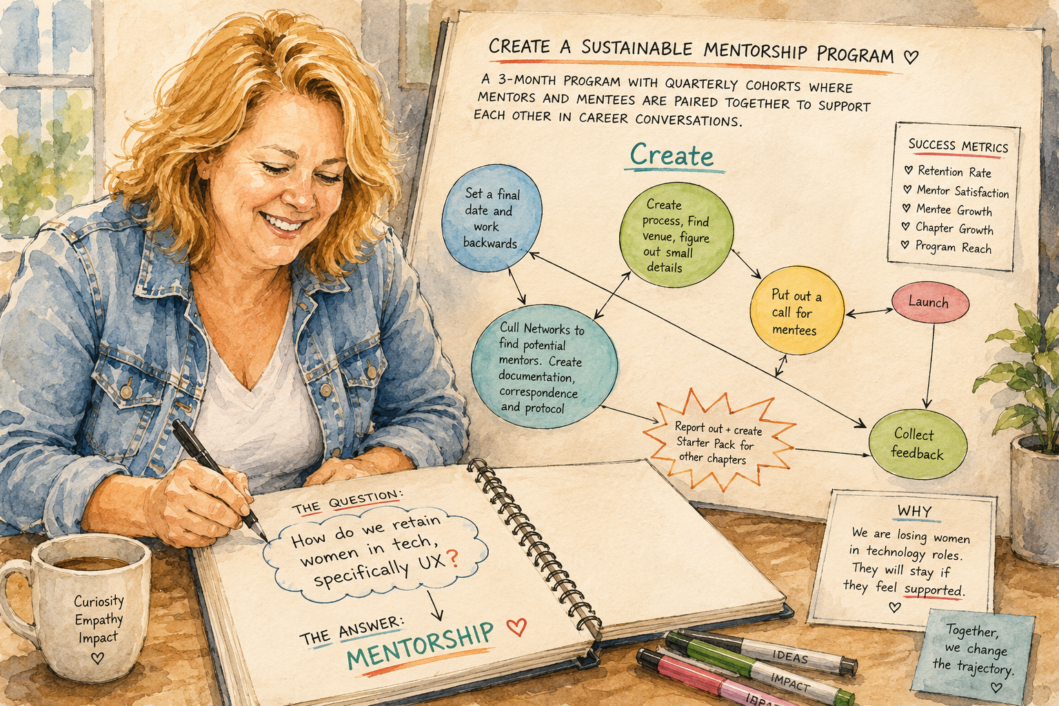 Illustration of Mhaire sketching the original mentorship program question in a notebook.