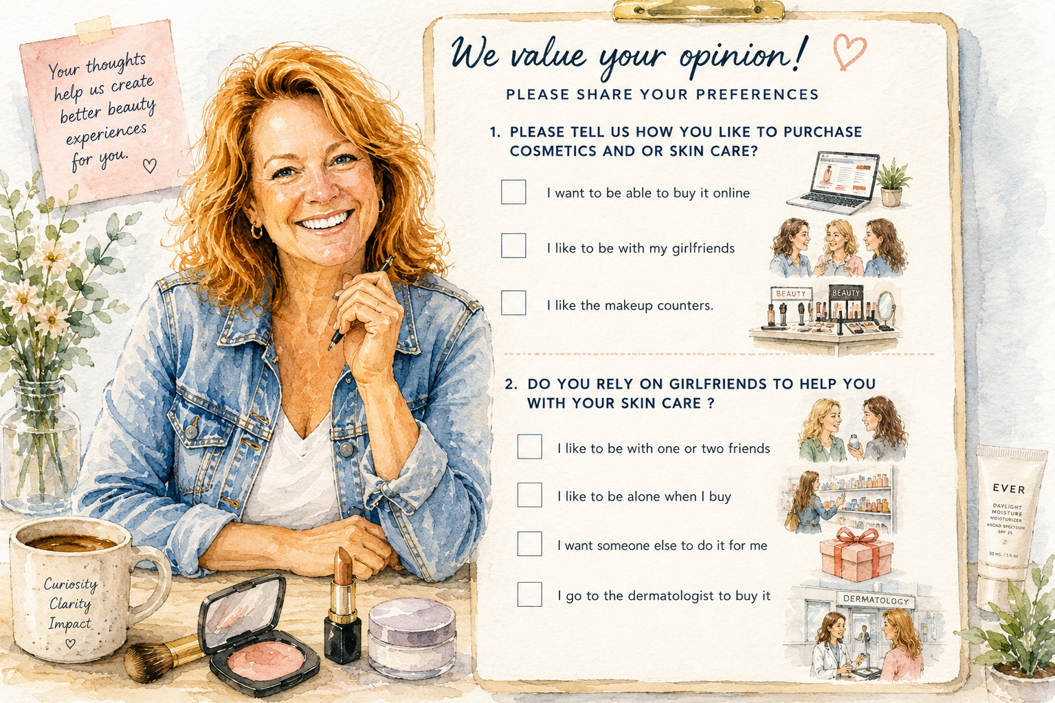 Illustration of a survey question about how people prefer to buy skincare.